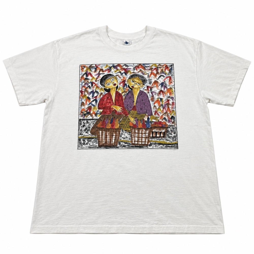 Vintage 90s Indonesian Folk Art Graphic T-Shirt Women Market Baskets 100% Cotton